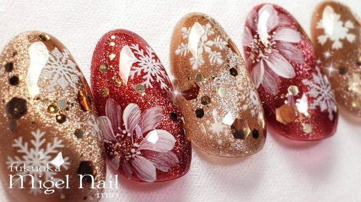 クリスマスフラワー雪の結晶ネイル ☆ Christmas flowers & Snowflakes nail