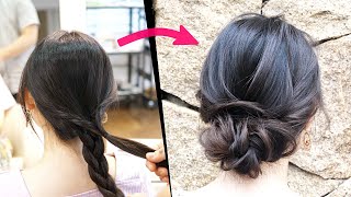 簡単！アイロンなし！くるりんぱ１本と三つ編み１本で作る大人可愛いまとめ髪ヘアアレンジ！SIMPLE UPDO  |  easy hair tutorial| Updo Hairstyle