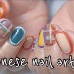 【サロンワーク】ラフチェックネイルとぷっくりライン　ジェルネイル　japanese nail art
