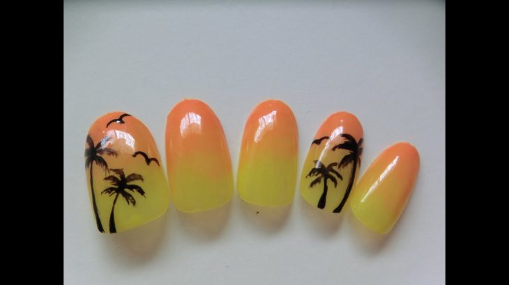 【夏ネイル】夕日とヤシの木のやり方♪簡単シンプルセルフジェルネイル♪The Sunset&Palm tree Gel Nail Art Designs