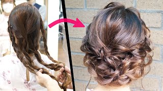 簡単！髪がロングの方オススメ！巻きなし！編み込みと丸三つ編みで作る可愛いまとめ髪アレンジ！ SIMPLE UPDO  |  easy hair tutorial| Updo Hairstyle