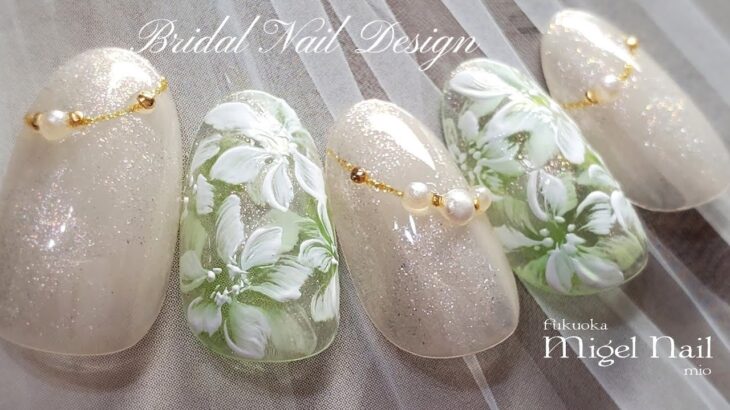 レースのような透け感のあるブライダルフラワーネイルアート♡Bridal Flower Nailart