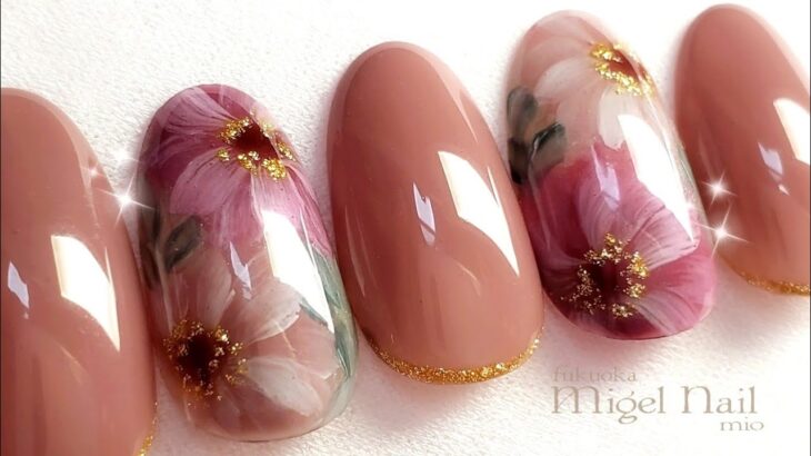 上品オータムフラワーネイルアート♡Elegant Autumn Flower Nail Art