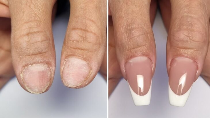 Sculpted buldier gel nail extensions with french manicure