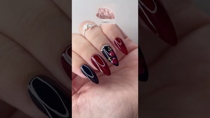 Elegant Red and Black Rose Nail Art | Classy Nail Design 💅✨#nailarttutorial #nailart #shorts