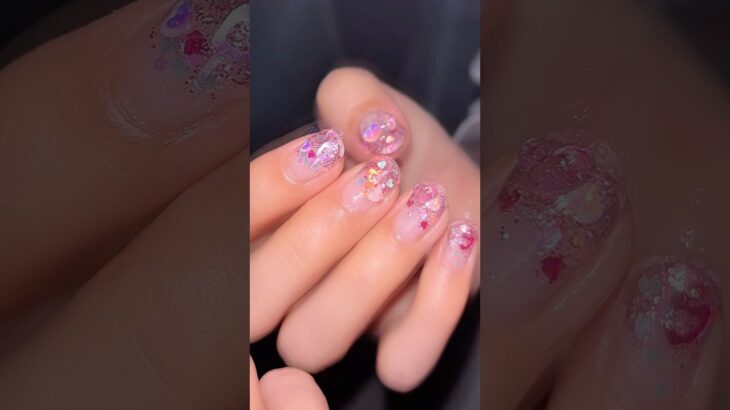 Pink Glitter Heart × Clear French Nail💖 #セルフネイル #ジェルネイル #クリアフレンチ #埋め込みハート #100均ネイル