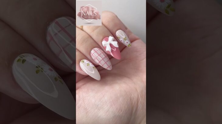 🌸 Soft Floral & Pink Plaid Nail Art | Cute 3D Bow Design 💅✨ #Shorts #nailart #nailarttutorial