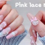 (SUB)Pink ribbon lace nails🎀 | Nail ASMR | Cute Nail | Self Nail | nail art | Korean nail