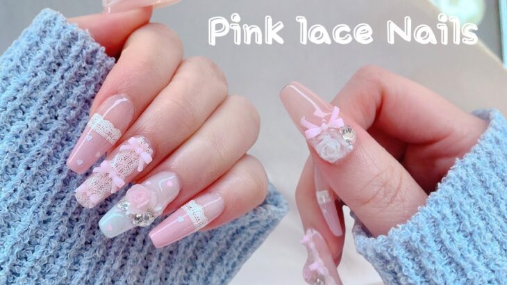 (SUB)Pink ribbon lace nails🎀 | Nail ASMR | Cute Nail | Self Nail | nail art | Korean nail