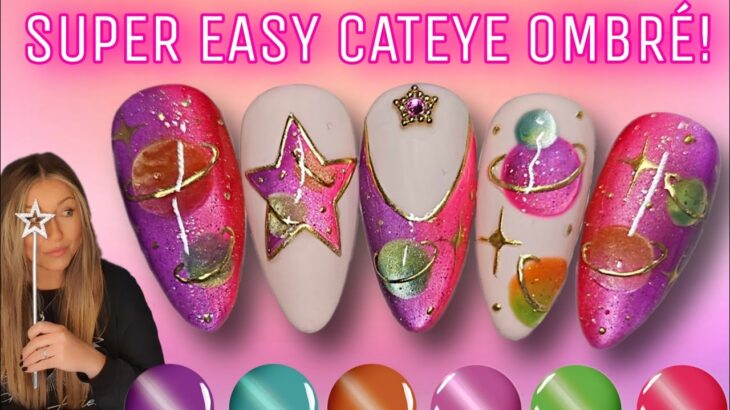 🌌 Cateye Galaxy Nail Art | Easy Ombre Nails | Summer Designs | Gel Polish Cat Eye + Chrome Ideas