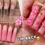 IM BACK! PINK SUMMER POLYGEL FREESTYLE🌸 WATER EFFECT NAIL ART & CHARM NAIL DESIGN | Nail Tutorial