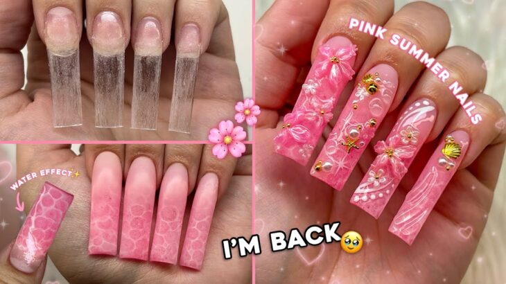 IM BACK! PINK SUMMER POLYGEL FREESTYLE🌸 WATER EFFECT NAIL ART & CHARM NAIL DESIGN | Nail Tutorial