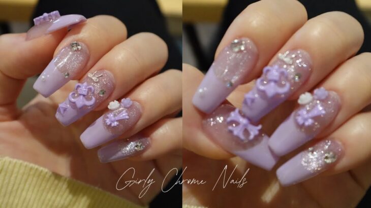セルフでここまでできる✨／心ときめくガーリーなクロムネイル✝️💜／超可愛いマグネットジェルセット／チップ長さだし／ネイルASMR