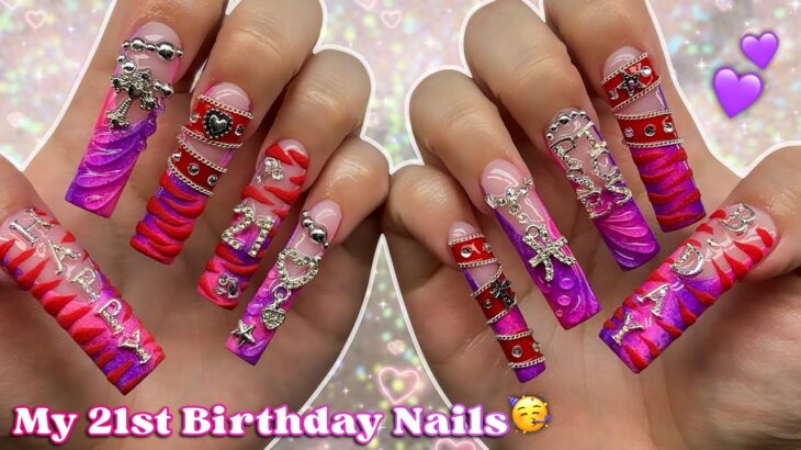 DOING MY 21ST BIRTHDAY NAILS AT HOME! PURPLE & PINK NAIL DESIGN + BB BELT NAILS | Nail Tutorial