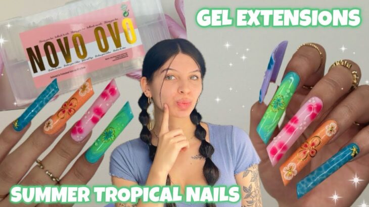TRYING NOVO OVO XXL LIPSTICK SHAPED SOFT GEL EXTENSIONS | TROPICAL NAIL ART & EASY GELX APPLICATION