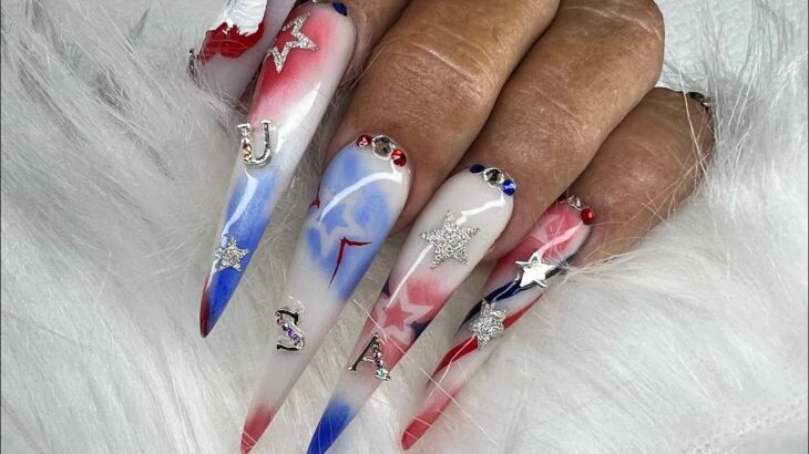 4TH OF JULY STILETTO NAILS/AT HOME NAIL/BEGINNER/ TUTORIAL/GLOW ACRYLIC/EASY NAILS/GEL NAIL ART