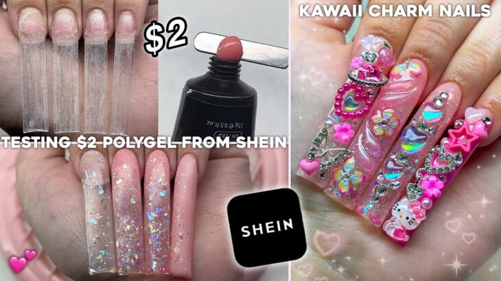 TESTING $2 POLYGEL FROM SHEIN✨ EXTRA LONG POLYGEL NAILS & KAWAII CHARMS DESIGN! | Nail Tutorial