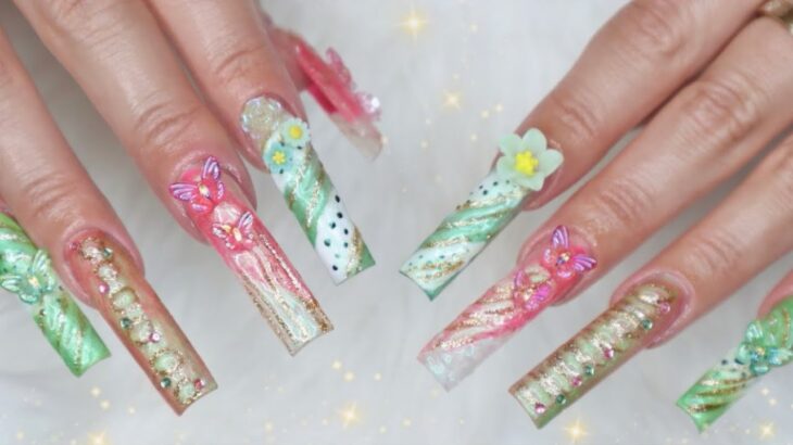 Spring Maximalist Nails 🦋✨ Abstract 3D Gel Nail Art Tutorial 🦋✨ Long Acrylic Nails