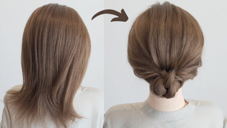 [簡単ヘアアレンジ]ピンなし！くるりんぱと三つ編みで出来るミディアムヘアアレンジ l No Bobby Pins  Easy Hairstyle　for Short to Medium Hair