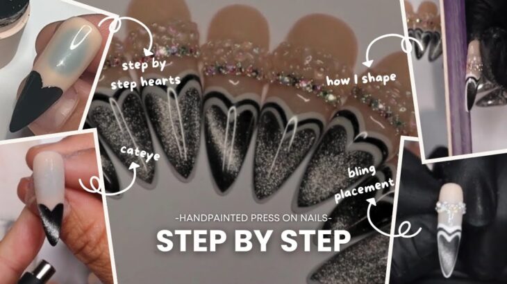 Handpainted Heart Nail Art | Cateye Designs | How To Make Press On Nails + How To Shape Almond Nails