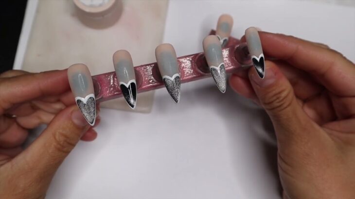 Handpainted Heart Nail Art | Cateye Designs | How To Make Press On Nails + How To Shape Almond Nails