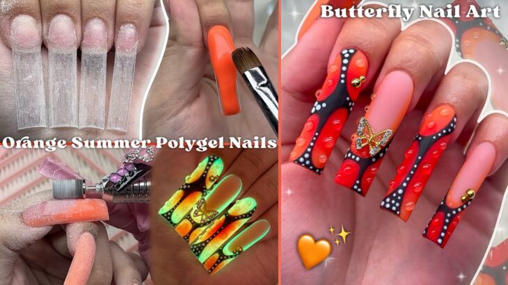ORANGE SUMMER POLYGEL NAILS🧡 ABSTRACT BUTTERFLY NAIL ART & CUTE SUMMER NAIL DESIGN | Nail Tutorial