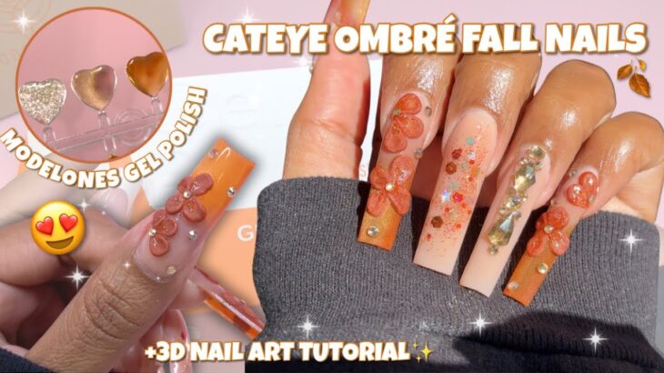 FALL CATEYE OMBRE NAILS + 3D NAIL ART!✨ MODELONES GEL POLISH SWATCHES | ACRYLIC NAILS