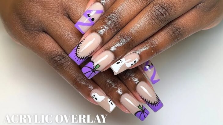 How To: Acrylic Overlay On Natural Nails/Restructuring, ￼Purple Spooky Nail Design