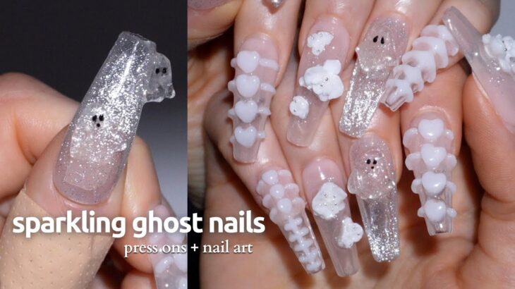 Sparkling Cateye Ghost Nails 🖤 3D nail art, Halloween nails, press on process