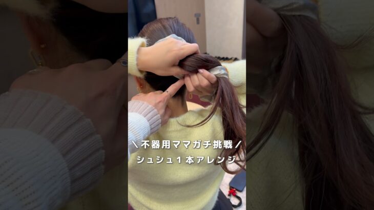 【不器用ママ、ガチ挑戦】シュシュ１本アレンジ#ヘアアレンジ#簡単ヘアアレンジ#ヘアアレンジ動画 #hairtransformation #シュシュ