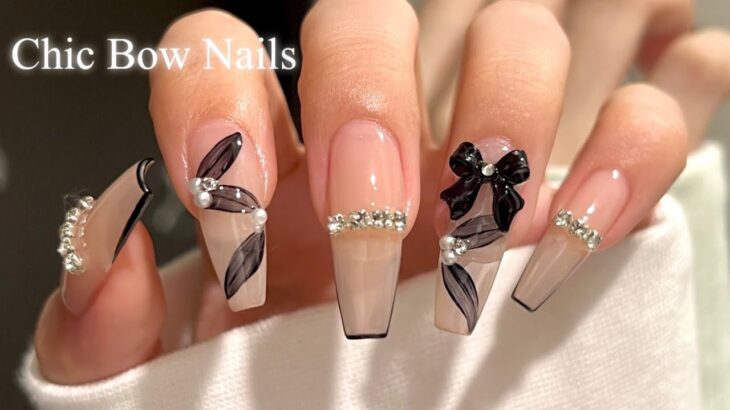 【セルフネイル】上品モノトーン✨大人リボンネイル🎀🖤/チップで長さだし💅/ASMR