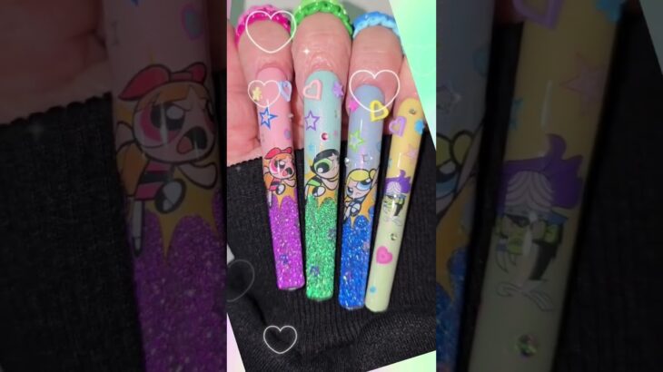 Aquarium Liquid Glitter Powerpuff Girls Nail Art #nailart #naildesign #aquariumnails #powerpuffgirl
