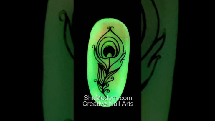 Colorful Feather Glow in-the-dark Stamping Nail Art with Dry Coloring Pigment overtop Sticky Gels