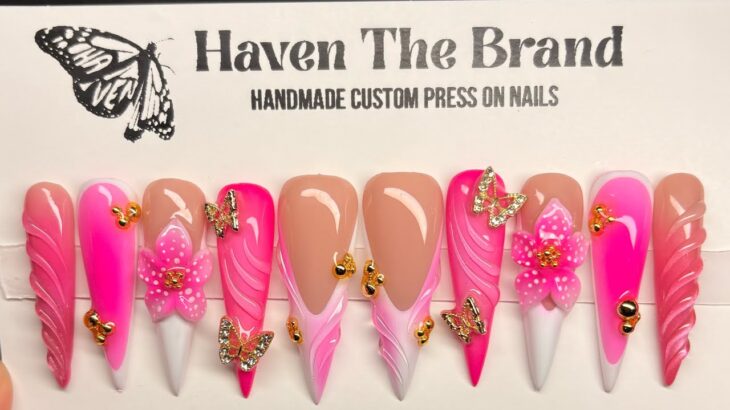 HOW TO:Press On Nail Tutorial! butterfly, 3d lines/flower, vacation nails,airbrush|HavenTheBrand✨