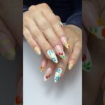 Nude hard structure gel in almond dual form, nail extensions, French fruity nail design ￼