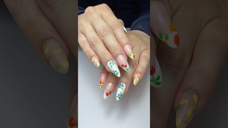 Nude hard structure gel in almond dual form, nail extensions, French fruity nail design ￼