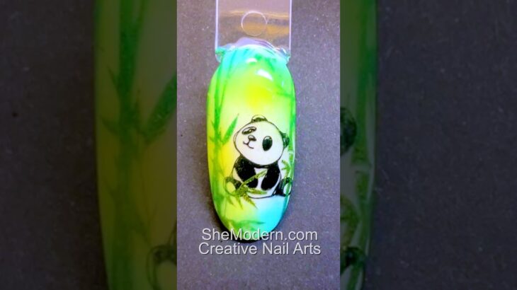 Cute Panda and Glitter Bamboo Trees Nail Art with Non-Stick and Sticky Semi-Gel Stamping Polishes