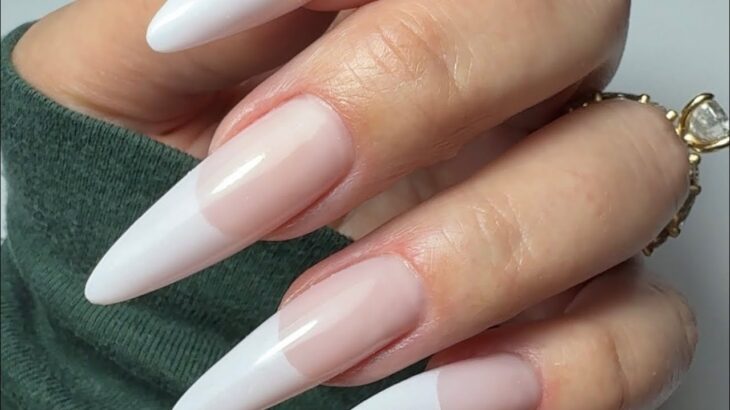 Doing my nails, hard structure gel, almond dual form, nail extensions, French nail design ￼